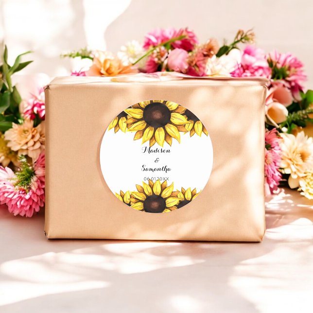 Wedding Yellow White Sunflower Floral Classic Round Sticker (Creator Uploaded)