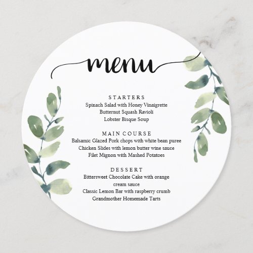 WeddingElopement Dinner Rustic Eucalyptus Greenery Menu