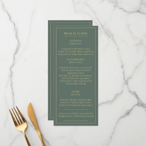 Weddings Gold Green Olive Bilingual English Menu