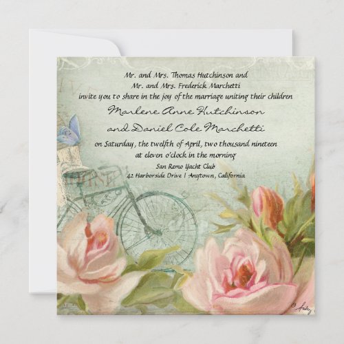 Weddings Hipster Bicycle Roses Rustic Wood Cottage Invitation