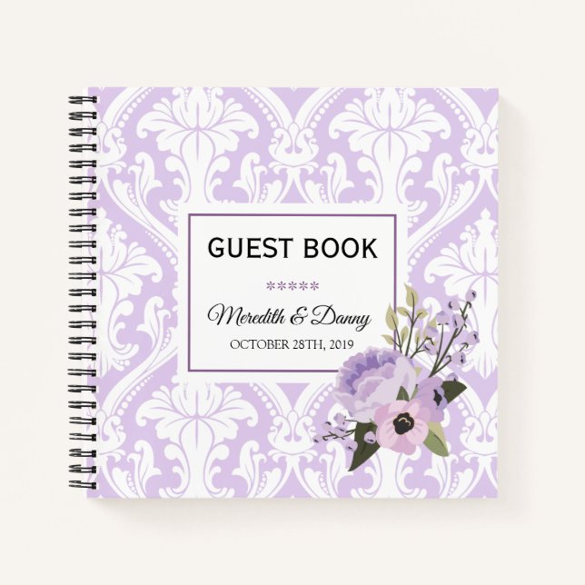 Weddings Purple Love Damask Guest Book Notebook (Front)
