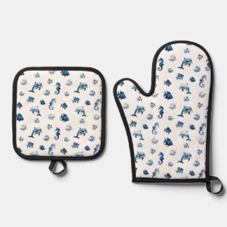 Wedgewood Blue Ocean Creatures! Oven Mitt & Pot Holder Set