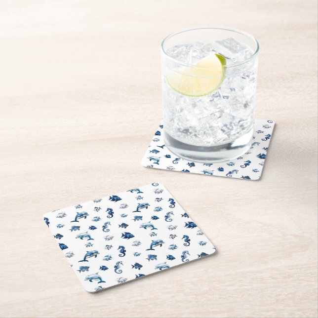 Wedgewood Blue Ocean Creatures! Square Paper Coaster (Insitu)