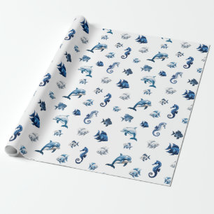 Wedgewood Blue Ocean Creatures! Wrapping Paper