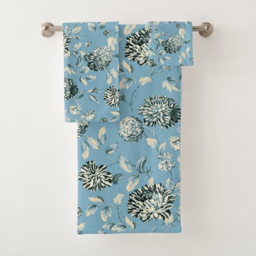 Wedgwood Blue Tansy Modern Vintage Floral Toile Bath Towel Set