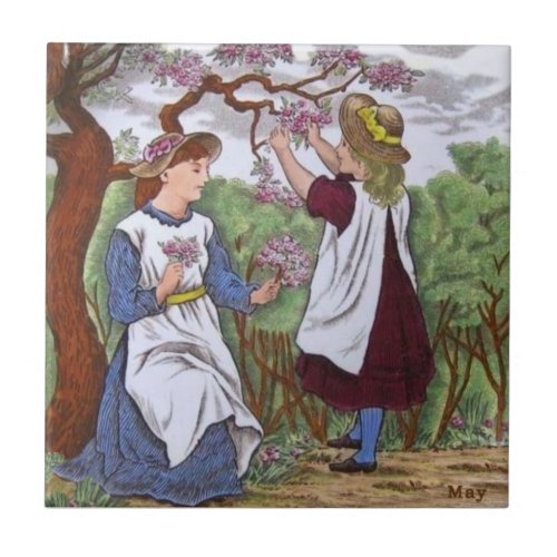 Wedgwood May Apple Blossoms Girls c1885 Repro Ceramic Tile