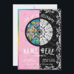 Wednesday Birthday Invitation<br><div class="desc">A vibrant graphic design features a circular stained-glass-like pattern divided in half,  one side with a colorful spiderweb design,  and the other side with a black and white spiderweb design,  against a backdrop of pink and black with decorative elements.</div>