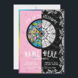 Wednesday Birthday Invitation<br><div class="desc">A vibrant graphic design features a circular stained-glass-like pattern divided in half,  one side with a colorful spiderweb design,  and the other side with a black and white spiderweb design,  against a backdrop of pink and black with decorative elements.</div>