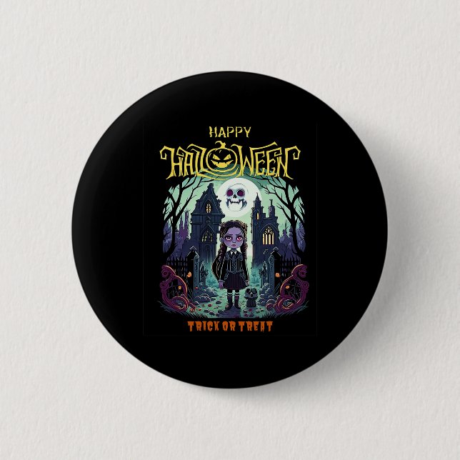 Wednesday Halloween Costume Outfit For Kids And Pa Button (Front)