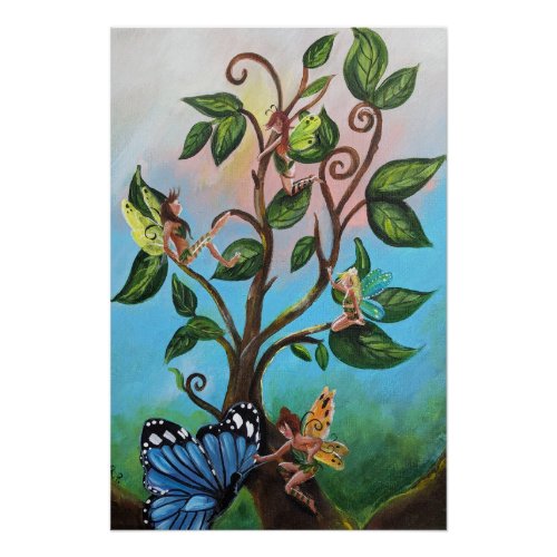 Wee fairies in a tree top and Butterfly Poster