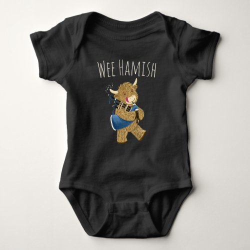 Wee Hamish Highland Cow Playing Bagpipes Baby Bodysuit