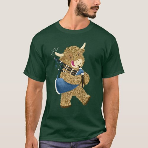 Wee Hamish Highland Cow Playing Bagpipes T_Shirt