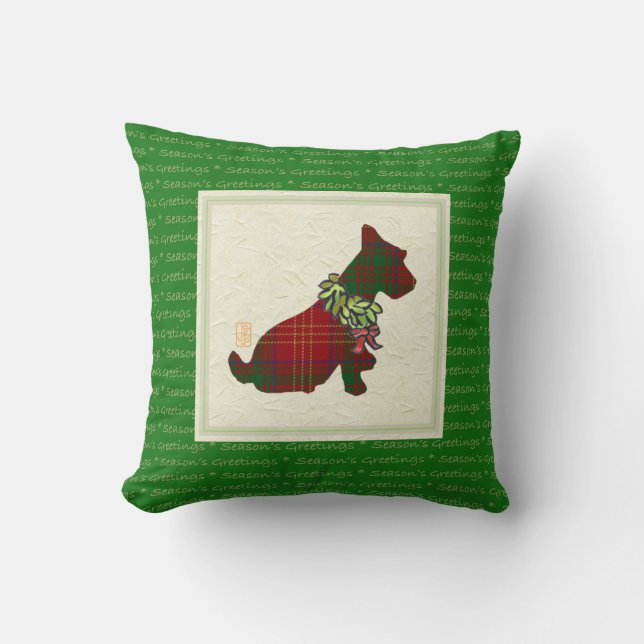 Wee Scottie Dog Merry Ruff! Ruff! 16" x 16"  Throw Pillow (Front)
