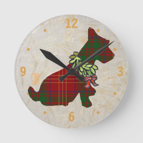 Wee Scottie Dog Merry Ruff Ruffwdots Round Clock