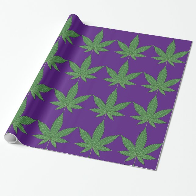 Weed Leaf Green on Purple Wrapping Paper (Unrolled)