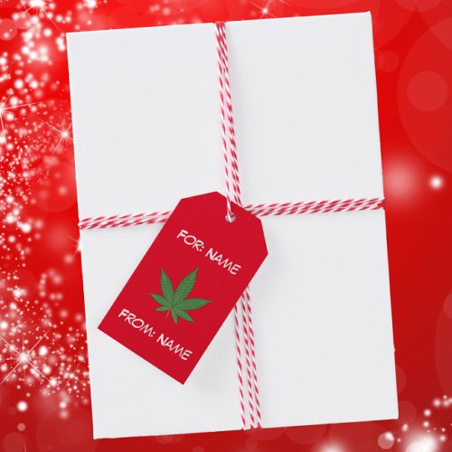 Weed Leaf Green on Red Background Personalized Gift Tags