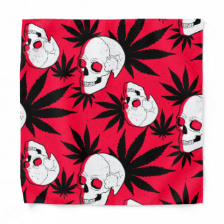 Weed Leaf Herbal Plant and Skulls on Red Bandana