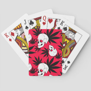Weed Leaf Herbal Plant and Skulls on Red Poker Cards