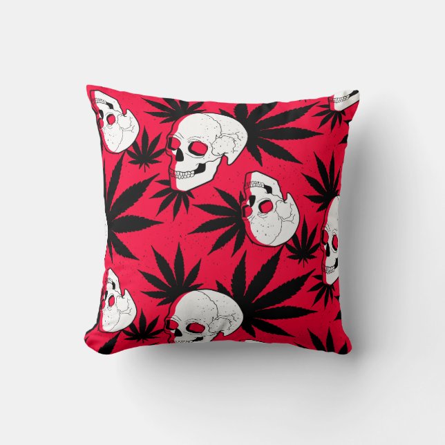 Weed Leaf Herbal Plant and Skulls on Red Throw Pillow (Front)