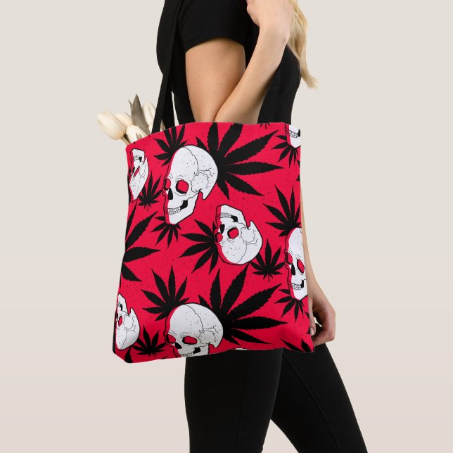 Weed Leaf Herbal Plant and Skulls on Red Tote Bag (Close Up)