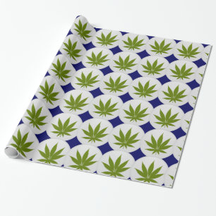 Weed Leaf on White and Midnight Blue Diamonds Wrapping Paper