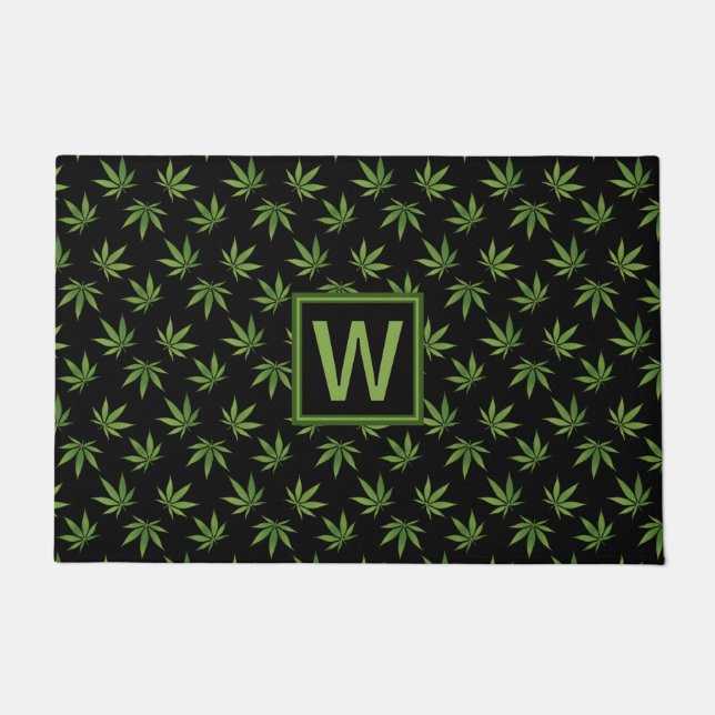 Weed Leaf Pattern Personalized Monogram Doormat (Front)