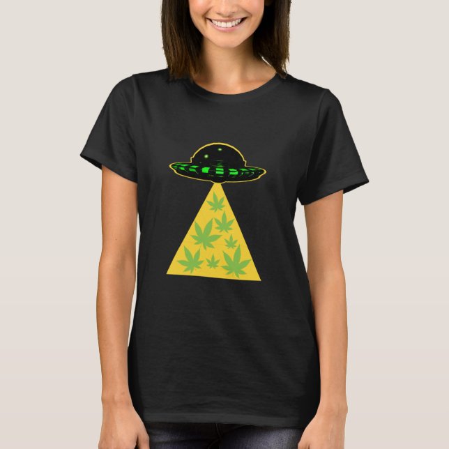 Weed Leaf Stoner Alien Abduction UFO Pot  T-Shirt (Front)