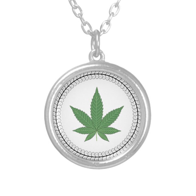 Weed Leaf Tree Swirl Trim Personalized Silver Plated Necklace (Front)