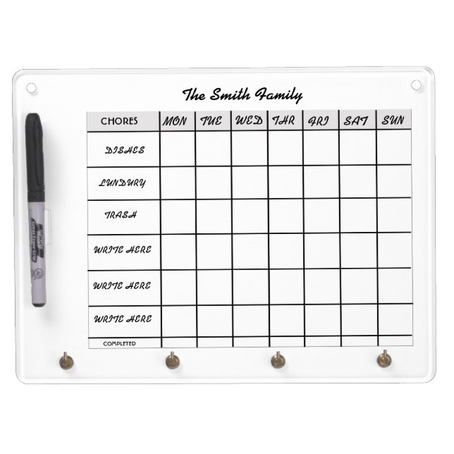 WEEK SCHEDULE CALENDAR CHORES  DRY ERASE BOARD (Front)