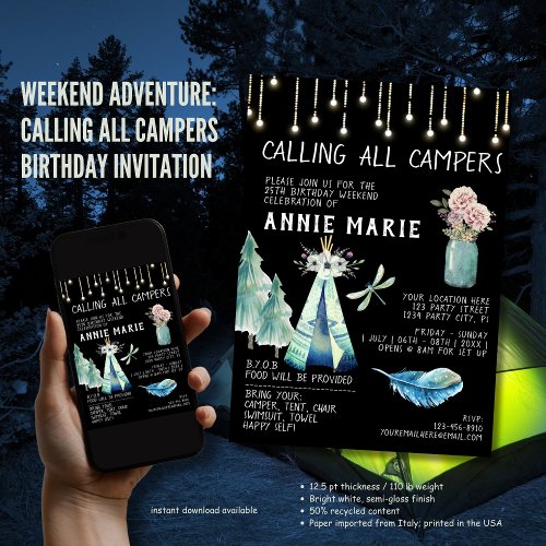 Weekend Adventure Calling All Campers Birthday  Invitation