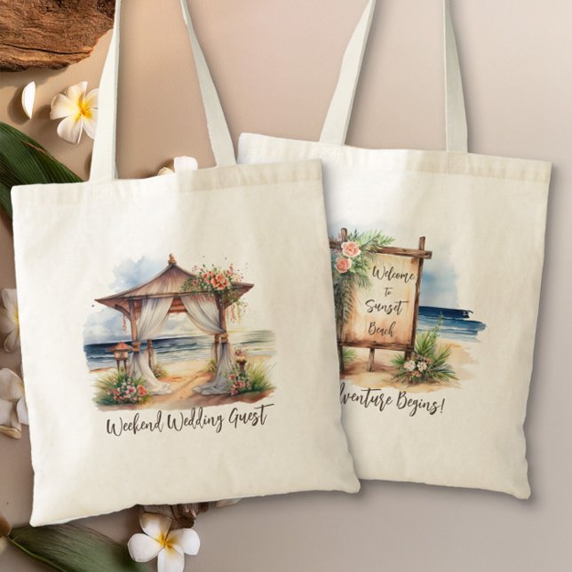 Weekend Beach Wedding Personalized Welcome Tote Bag (Weekend Wedding Guest Welcome Bag from the Sunset Beach Wedding Collection by Darling & May)