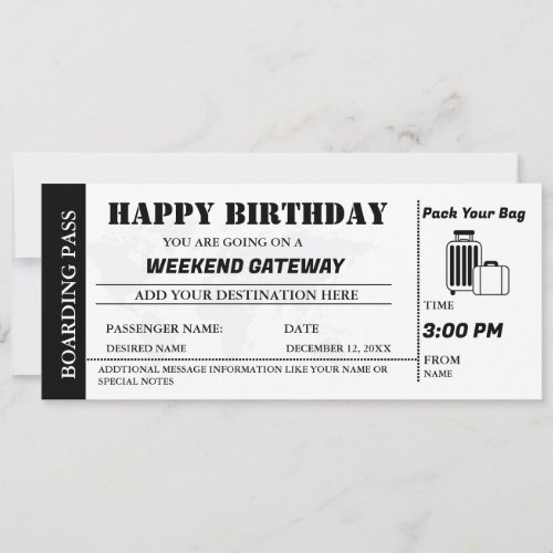 Weekend Getaway Birthday Boarding pass Ticket  Invitation