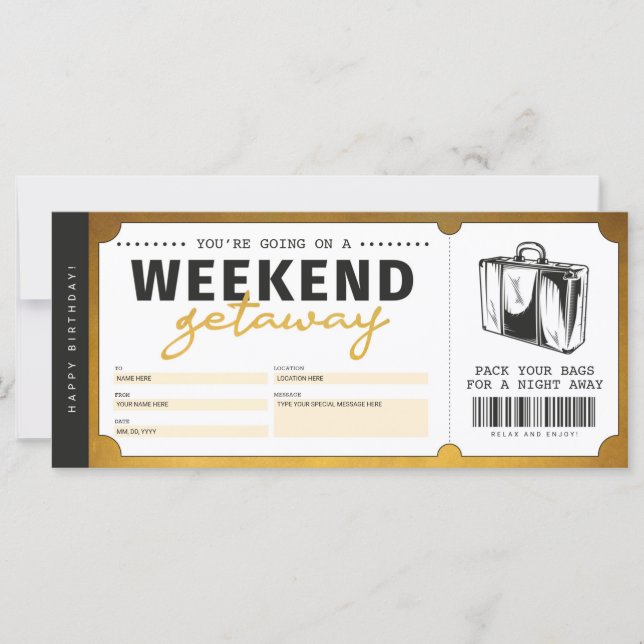 Weekend Getaway Gold Gift Travel Ticket Voucher (Front)
