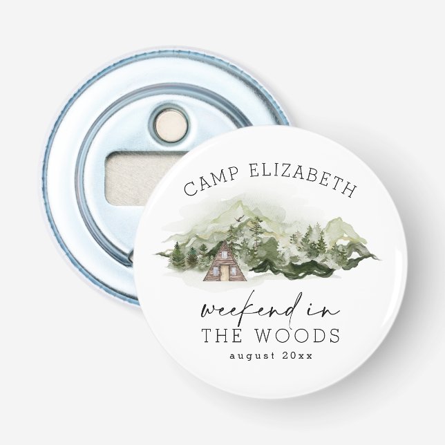 Weekend in the Woods Camping Bachelorette Bottle Opener (Front)