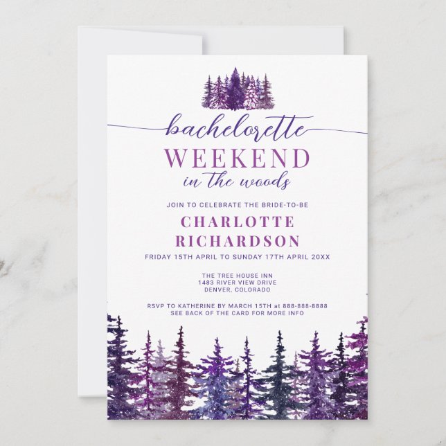 Weekend In The Woods Purple Bachelorette Party Invitation (Front)