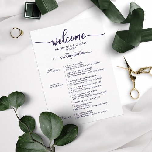 Weekend Wedding Schedule Elegant Chic Navy Blue Invitation