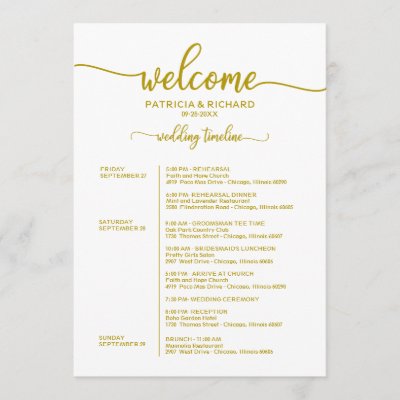 Weekend Wedding Schedule Elegant Gold Calligraphy Invitation