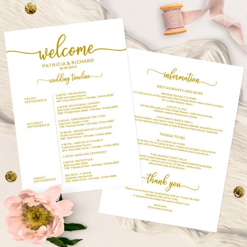 Weekend Wedding Schedule Elegant Gold Calligraphy Invitation