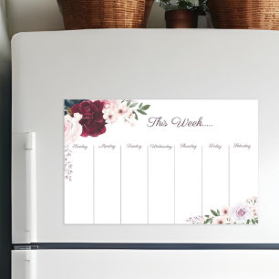 Weekly Calendar Burgundy & Blue Watercolor Flowers Magnetic Dry Erase Sheet