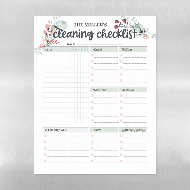 Weekly Cleaning Checklist Dry Erase Sheet Zazzle