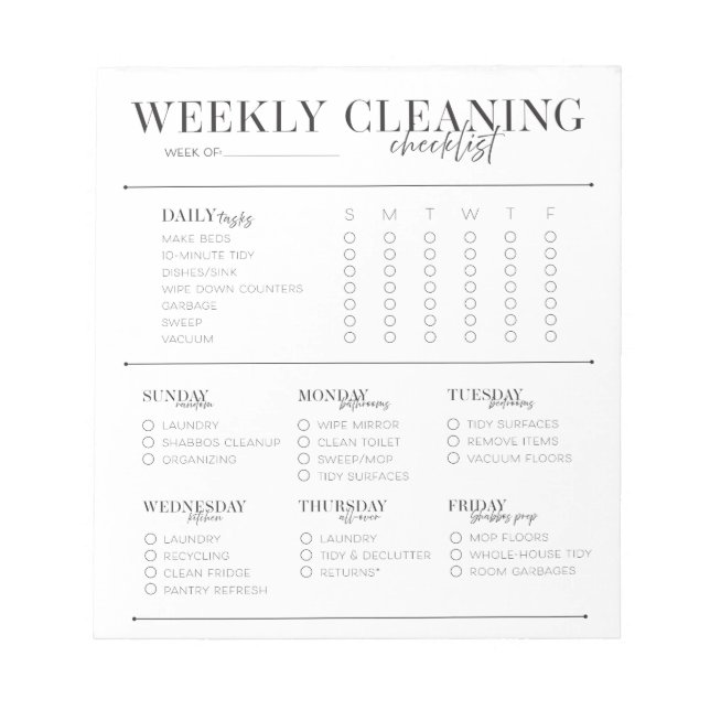 Weekly Cleaning Checklist (Shabbos Version) Notepad (Front)