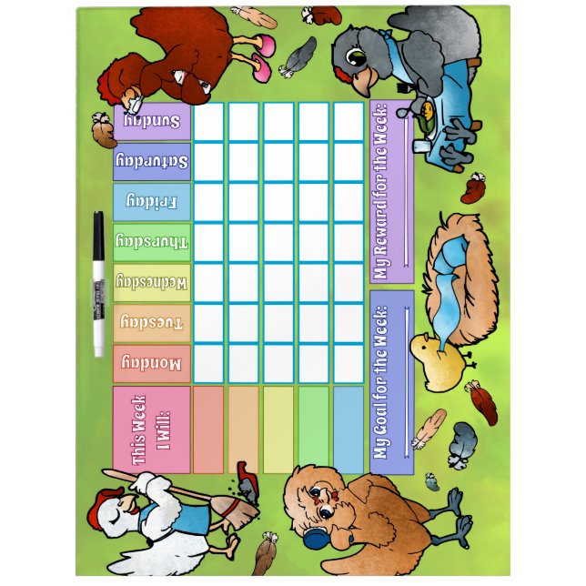 Weekly Goals and Rewards Chart with Chickens Dry Erase Board (Front)