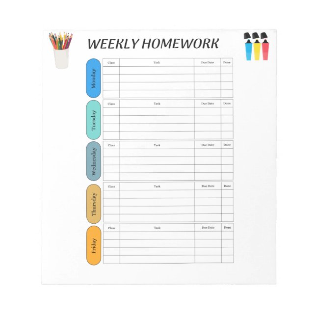WEEKLY HOMEWORK NOTEPAD (Front)