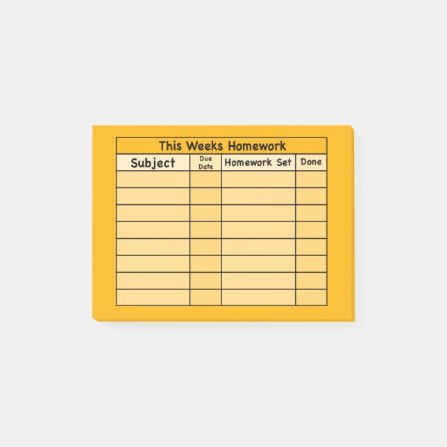 Weekly Homework Post-it Notes (Front)