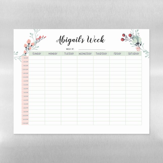 Weekly Hourly Planner with Sunday Start 7am - 12am Magnetic Dry Erase Sheet (Horizontal)