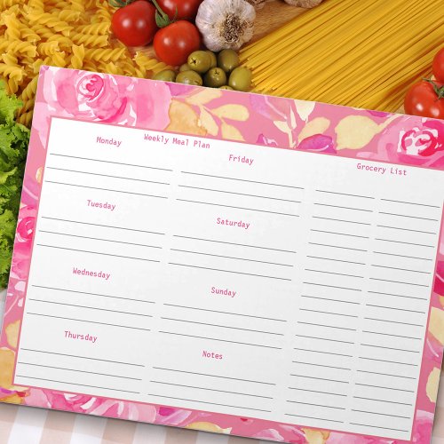 Weekly Meal Plan and Grocery List _ Pink Floral Notepad