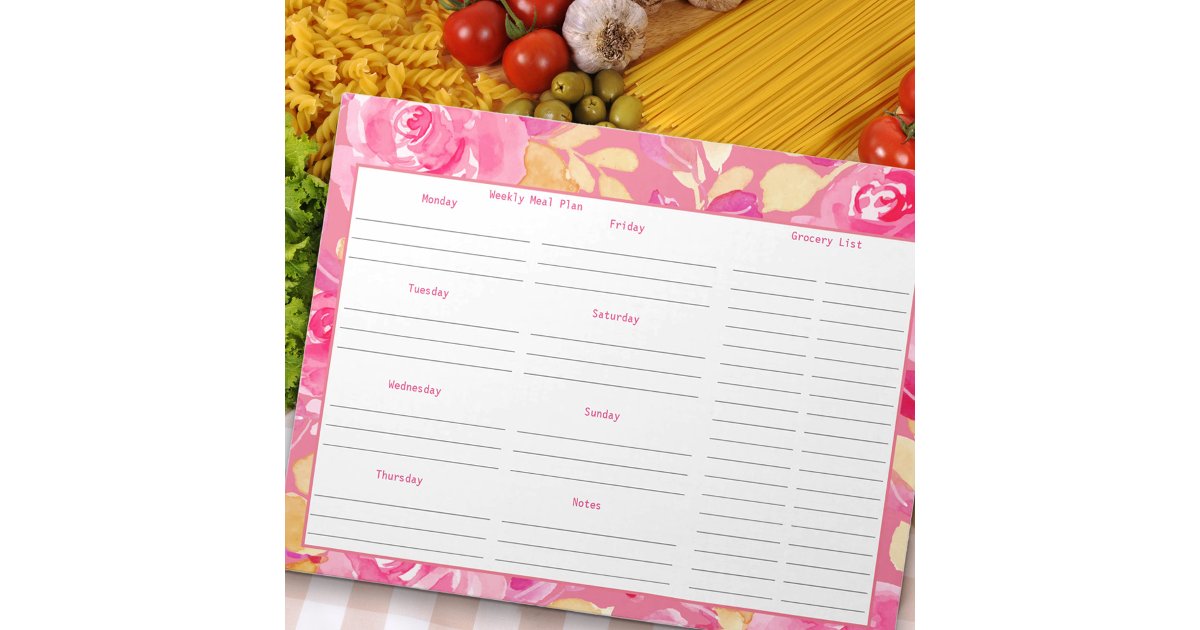 Weekly Meal Plan and Grocery List - Pink Floral Notepad | Zazzle