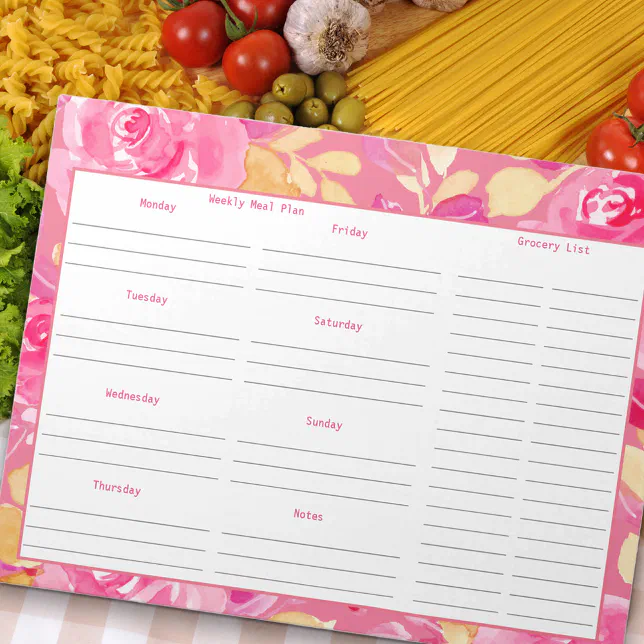 Weekly Meal Plan and Grocery List - Pink Floral Notepad | Zazzle