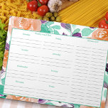 Weekly Meal Plan and Grocery List - Teal Floral Notepad<br><div class="desc">Watercolor floral design with weekly meal planner and grocery list. Pretty roses and foliage in shades of teal,  purple and apricot frame each page. It is printed  space for you to write your meals for every day of the week,  extra notes and a two column grocery list.</div>