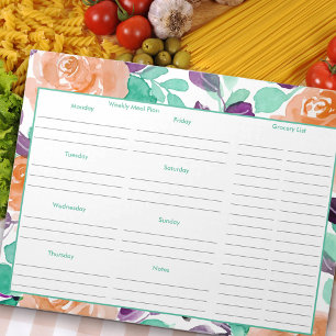 Weekly Meal Plan and Grocery List - Teal Floral Notepad